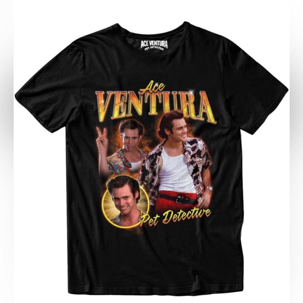 Jim Carrey black Ace Ventura Pet Detective graphic movie T Shirt NWT Size Large